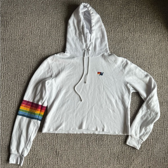 Aviator Nation Tops - Aviator Nation Rainbow Sleeve Crop Hoodie Pullover - WHITE Size Women’s Large